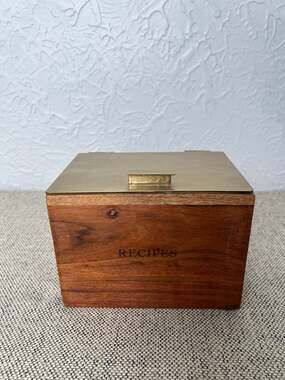 Hearth & Hand Acacia Wood Recipe Box with Metal Brass Lid and Recipe Cards